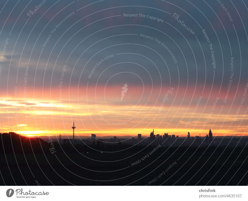 Frankfurt on the Main at sunrise seen from Taunus Kronberg High-rise Skyline Night Lighting Sunrise Architecture River Town Hesse finance banks ECB Clouds