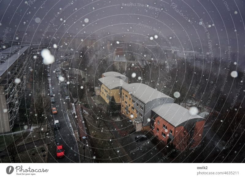 Snowy overview Flash photo Twilight Evening Exterior shot Colour photo Subdued colour tin containers Outskirts Dark Snowflake Cold Deserted Detail Snowfall