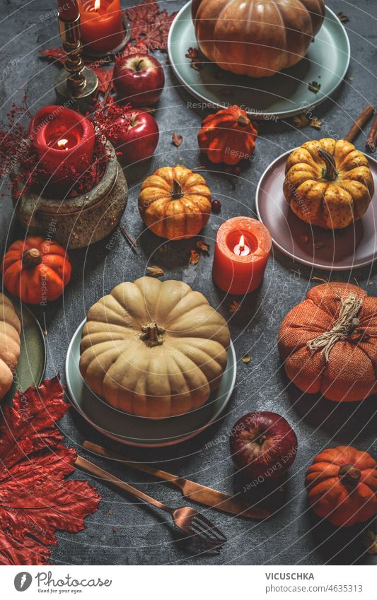 Autumn still life with various colorful pumpkins, candles, plates, cutlery on dark kitchen table. autumn decoration concrete top view above apple arrangement