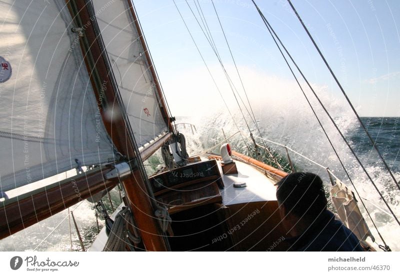 strong wind sailing Sailing White crest Ocean Sailing ship Ketch Shrouds Wet Headwind Wind Baltic Sea Sun Water Electricity pylon Denmark