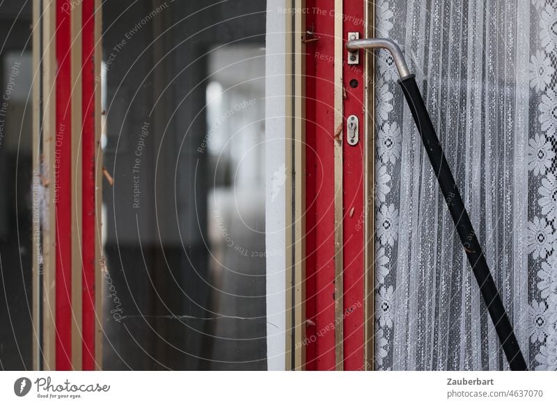 Empty store with red entrance door, handle and curtain Front door Red Steel '60s Handle shop Curtain forsake sb./sth. give up Vacancy Closed mystery Mysterious