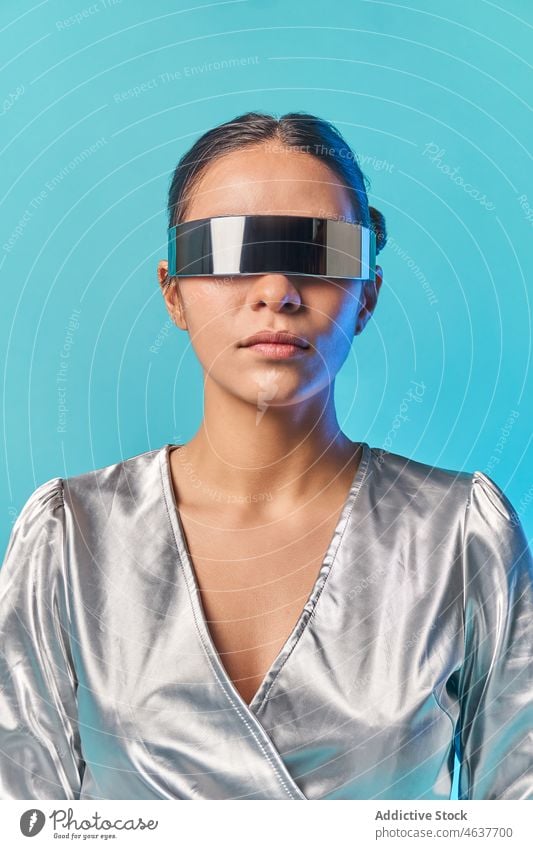 Ethnic woman with virtual reality in futuristic glasses style simulate augmented portrait trendy experience digital vr female young ethnic brunette goggles