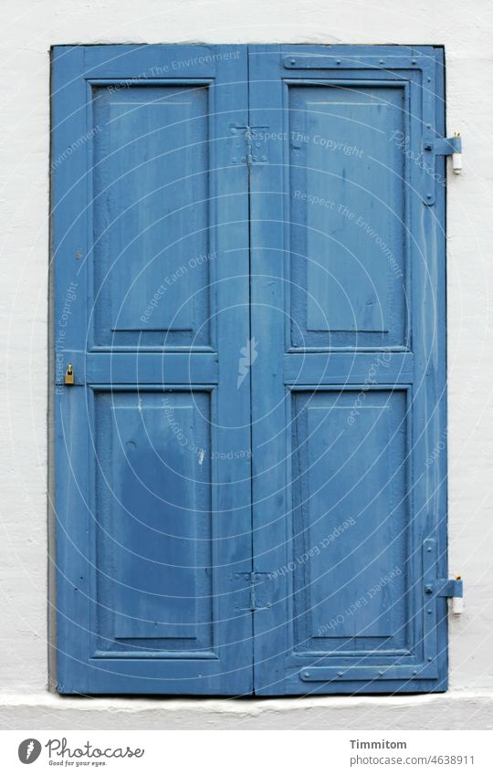 Blue and closed White Wood Shutter Window House (Residential Structure) Exterior shot Wall (building) Facade Deserted Building Old door Closed Cornice Hinge