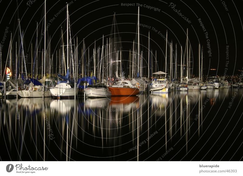 port at night Calm Water Lake Sailing ship Watercraft Dark Black Reflection Loneliness Harbour Colour photo Exterior shot Night Long exposure Mast