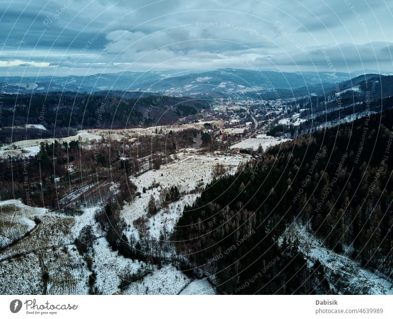 Landscape with winding road through mountain, aerial view winter landscape forest nature serpentine outdoor car green highway trip countryside travel tree