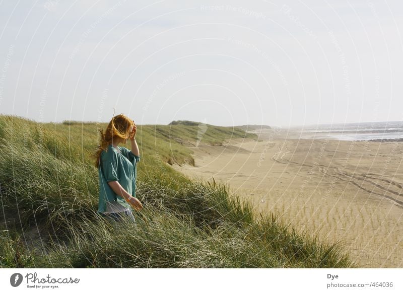 Stiff breeze Feminine Young woman Youth (Young adults) Woman Adults 1 Human being 18 - 30 years Landscape Sand Water Sky Horizon Wind Coast Beach North Sea