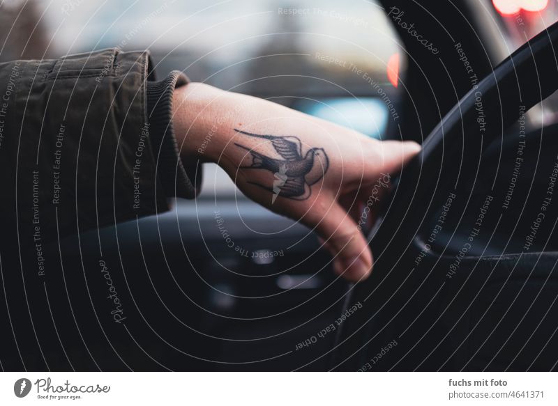 Swallows tattoo on hand Car driver Hand Tattoo Steering wheel Vintage car bokeh Thumb Fingers sleeve Fingernail Shadow Joint ink Ink Motoring Urban transport