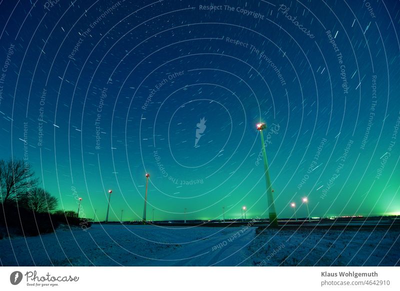 Wind turbines, wind farm under starry sky on 26. 12. 21 at -14°C Winter Christmas Pinwheel Wind turbines background Plain Sky Winter sky Starry sky Starlit