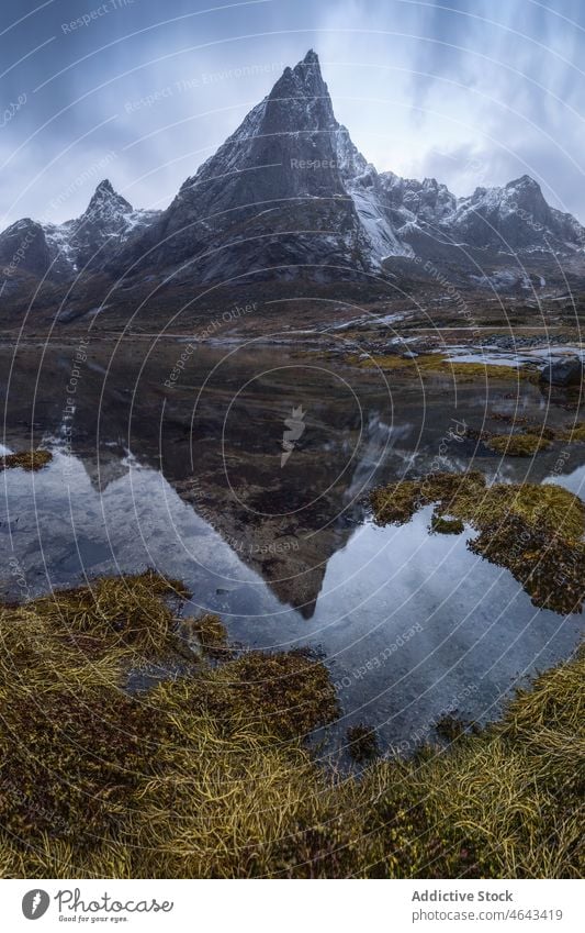 Sea in archipelago in Norway sea flow mountain snow water nature overcast rock winter environment scenery marine natural scenic norway lofoten aqua cloudy rocky