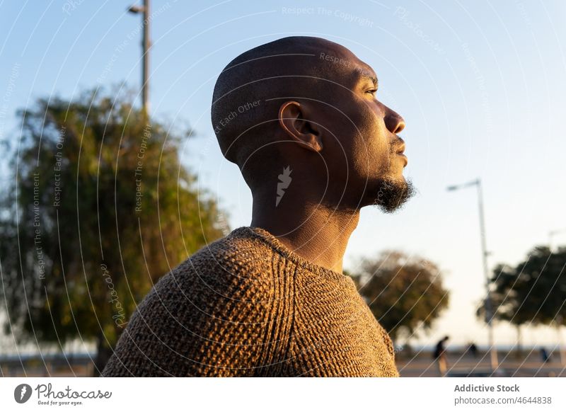 Black man admiring cityscape street road observe admire urban bridge car male bald african american black guy town sunshine sunlight summer automobile style