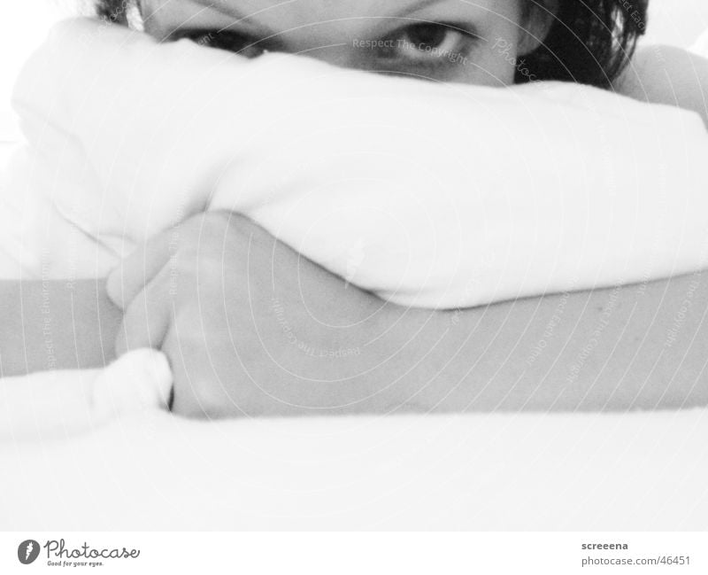 fubar Woman Portrait photograph Dark Hand Fist Duvet White Bed Fatigue Bright Contrast Eyes Arm Loneliness Black & white photo