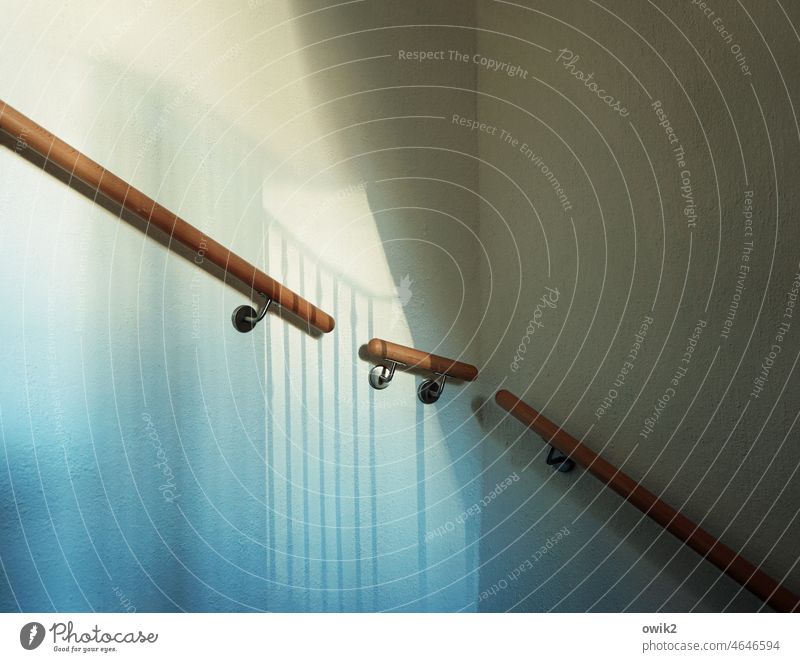 Encroaching Banister Structures and shapes Interior shot Detail Sunlight Stairs Aspire rail Staircase (Hallway) Deserted Light Shadow Wood Upward Shaft of light