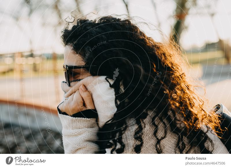 Portrait of woman with scarf Woman Sunglasses Scarf Winter Cold 30 - 45 years Feminine Day Portrait photograph Human being 1 Colour photo Adults Exterior shot