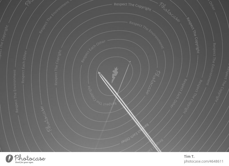 Two planes cross each other in the sky Airplane Sky Cross Middle Berlin Vapor trail Aviation Vacation & Travel Beautiful weather b/w Flying Exterior shot