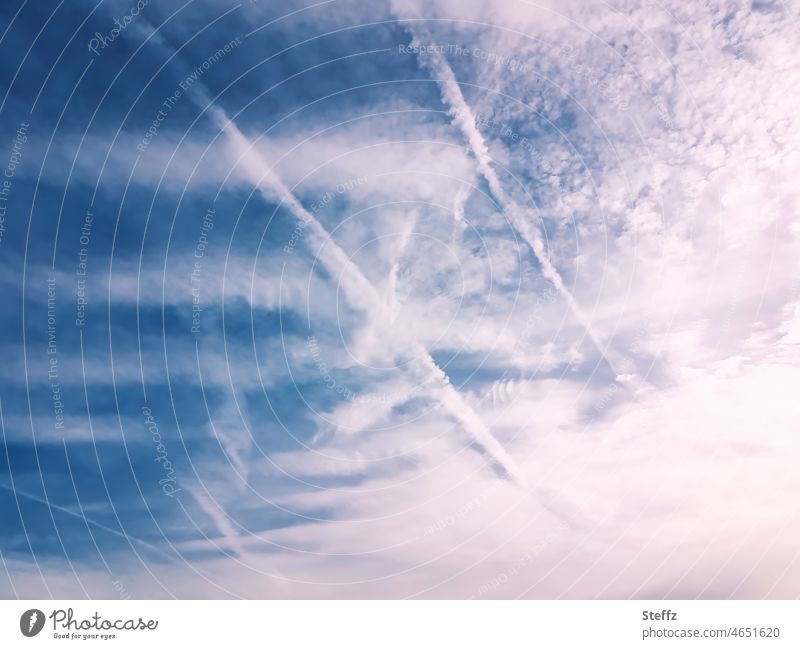 celestial sign Sky Clouds chemtrails Vapor trail Afternoon Stripe disintegration dissolution afternoon light lines differently disruptive haiku Parallel