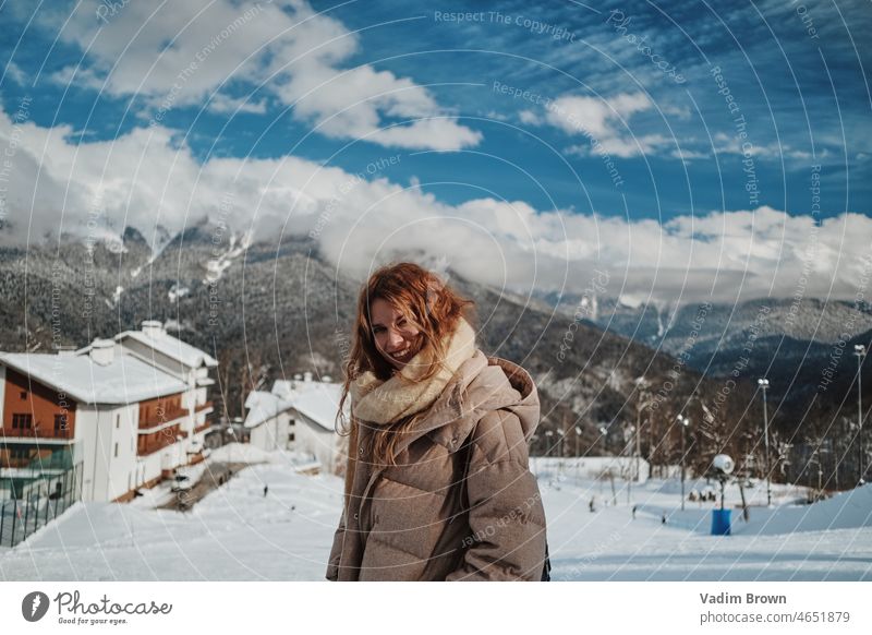 Smilling girl with tree christmas branch Girl Beautiful Attractive snow winter portrait female cold nature Woman white people outdoors mountain christmas time