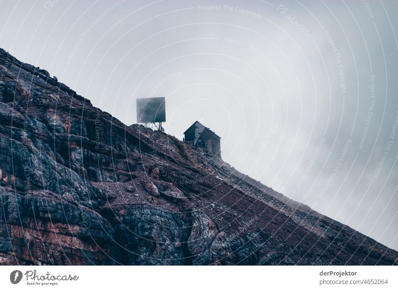 Refuge in the fog in South Tyrol Panorama (View) Central perspective Deep depth of field Silhouette Contrast Light (Natural Phenomenon) Sunbeam Shadow Twilight