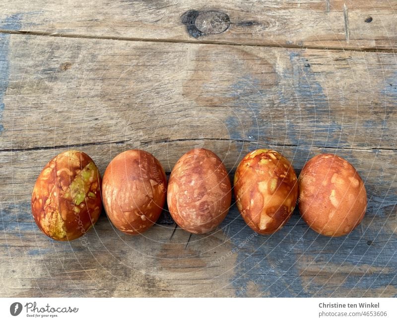 Five Easter eggs, dyed with onion skins, lie side by side on an old weathered wooden board painted with grayish blue paint colored eggs Egg coloured Easter eggs