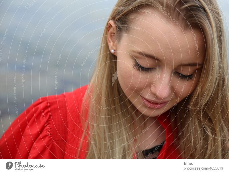 Lena portrait Meditative Long-haired Inspiration pretty be on one's own Blonde Smiling timid Close-up Feminine Dress Red