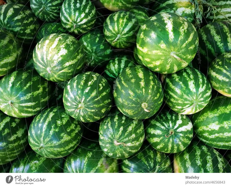 Fresh striped green melons at the weekly market and bazaar in Adapazari, Sakarya province, Turkey Markets Farmer's market Bazaar Merchant Market stall Green