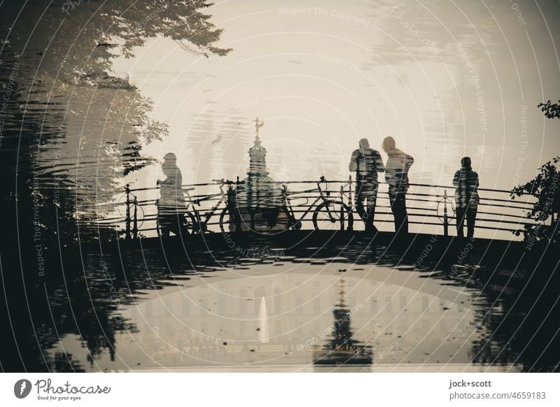 in the pond are bridge + visitors at the castle Bridge Reflection Silhouette Park Environment Double exposure carp pond Fantastic Impression Surrealism