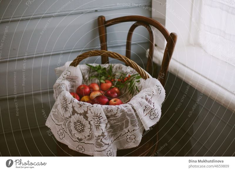 Apples in a vintage basket on a wooden chair at home by the window. Apples harvest collected to a basket in the countryside. Cottagecore rustic aesthetic.