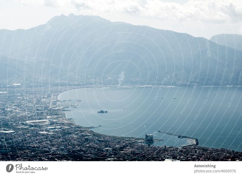 View from Vesuvius to the bay Gulf of Napels Town Ocean ocean Harbour Vantage point mountain Tall Landscape Nature Environment Dark Blue Sky Horizon wide Bay