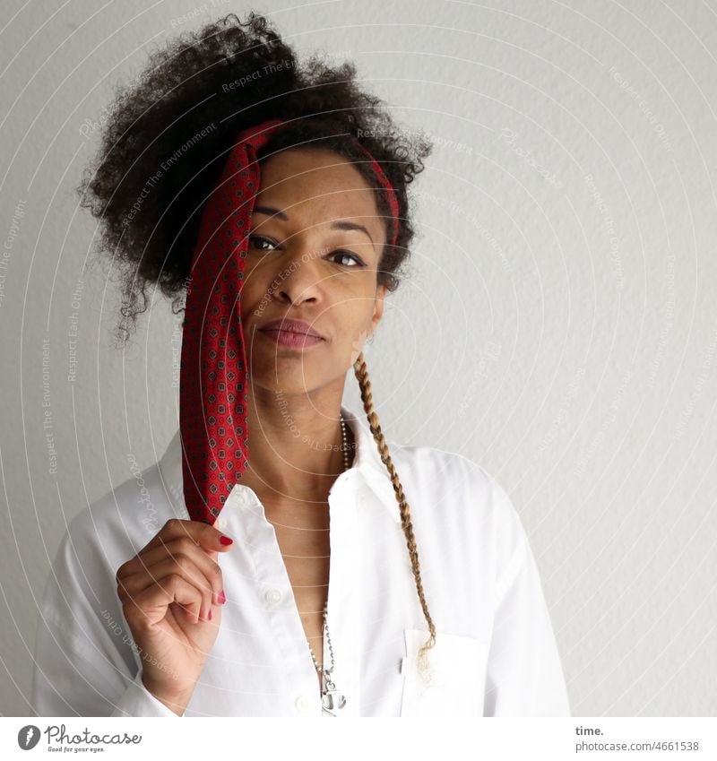 Woman with tie hairstyle Looking Shirt Tie plait Self-confident Focus on Direct stop Challenging straight