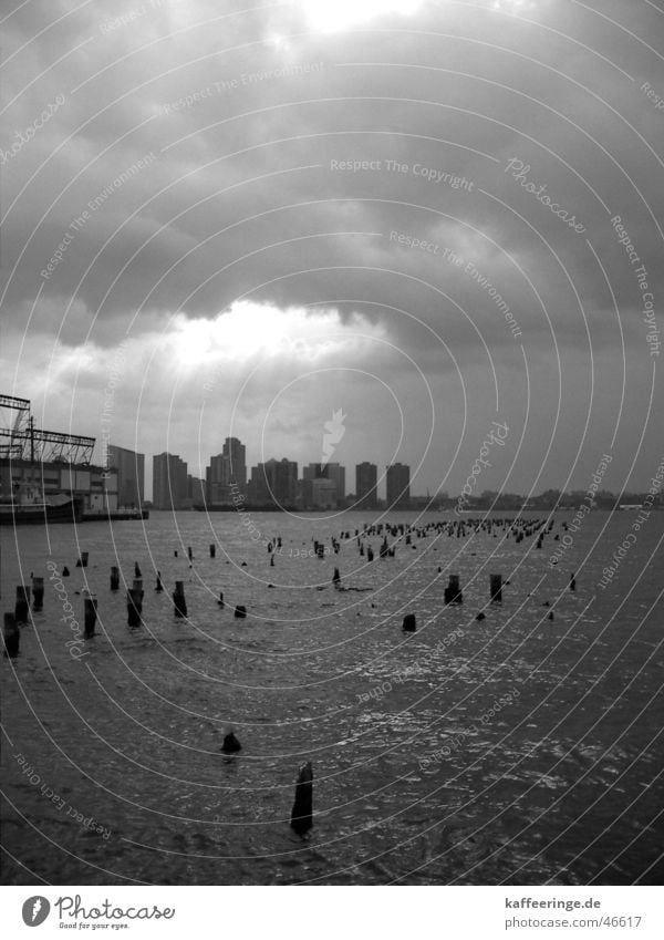 Sky over city New Jersey New York City Manhattan Hudson River Americas Jetty High-rise Clouds Sunbeam Gray Black White USA Water Harbour Cover