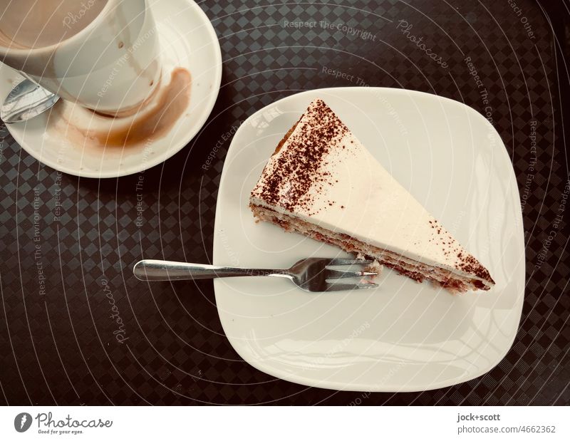 typical coffee and cake on tablet Coffee cup Cup Coffee break Hot drink Pastry fork Plate Cake piece of cake teaspoon Break Beverage Food dribbled