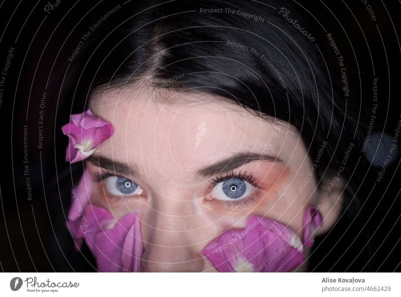 eyes and rose petals blue eyes Looking into the camera pink rose Flower Make-up dark hair lashes selfportraits Close-up close up portrait eyebrows natural