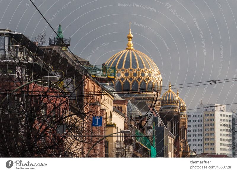 Berlin synagogue with skyscraper and overhead wires Synagogue Judaism Religion and faith Tourist Attraction Sightseeing City trip Vacation & Travel Tourism