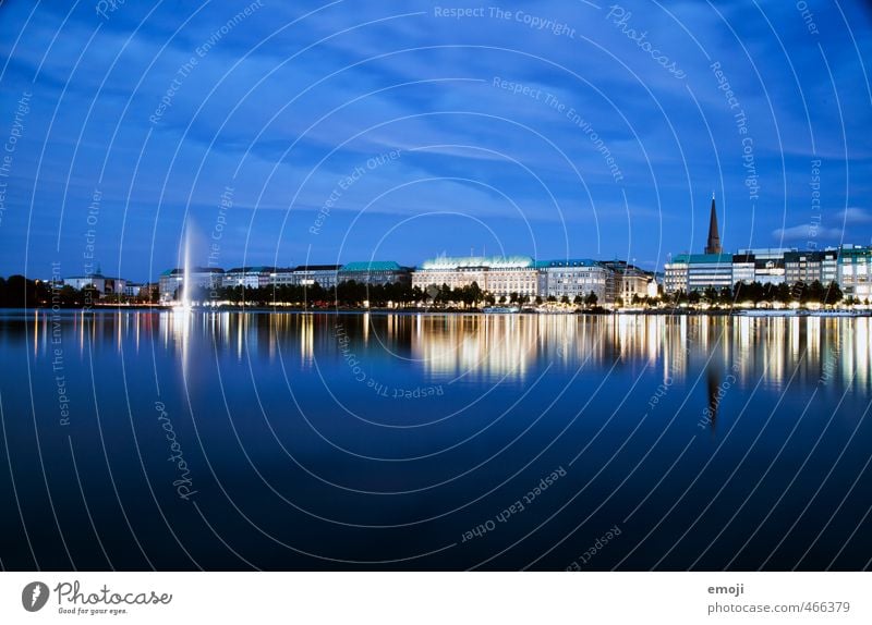 blue at Jungfernstieg Water Sky Lakeside River bank Town Port City Blue Hamburg Night shot Reflection Colour photo Exterior shot Deserted Copy Space top