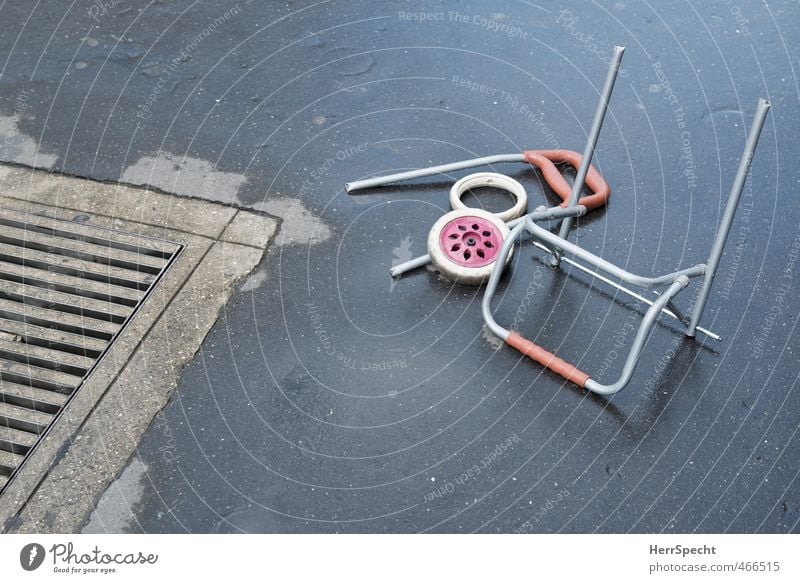 Trolley goes shopping until it breaks Metal Plastic Old Broken Gloomy Town Gray Red Shopping Trolley Part Accident Shopping bag Asphalt Gully Wheel Division