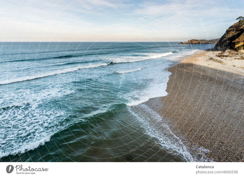 Sea, horizon, rocks, waves breaking on beach Nature Landscape Ocean Waves White crest Surf Foam Sand Beach Horizon Sky Clouds cliffs Extensive Calm Water coast