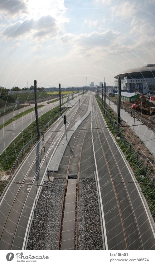 SAP ARENA MANNHEIM Mannheim Tram Railroad tracks Ice stadium Sky Deserted Central perspective Far-off places Light railed vehicle