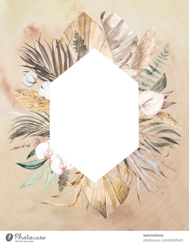 Watercolor Bohemian geometric frame with dried leaves and tropical flowers illustration watercolor boho wedding beige palm banana pampas grass cotton orchid