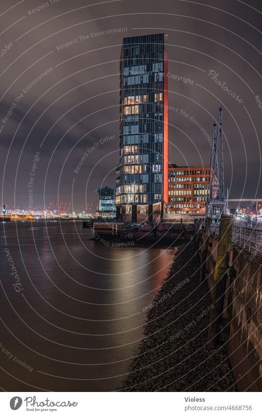 Hamburg harbor edge Harbour Architecture City Historic Maritime Illumination Port of Hamburg Night shot Twilight Dark quay wall Elbe Crane