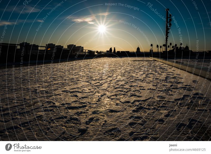 Footprints in the snow with sunshine on the Humboldt Forum Snow Winter Cold White Frost Tracks Sky Blue Sunlight Light Weather Berlin Capital city