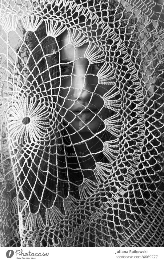 Woman portrait with lace scarf on one's own Doomed Ghostly spirit Vail Monochrome Black & white photo 1 18 - 30 years Style pretty Human being Adults White Love