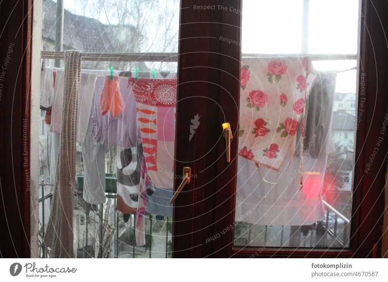 Clothesline in winter on the balcony clothesline Winter Balcony Laundry Washing day Living or residing Household Dry Save energy Hang Fresh Cold cold snap