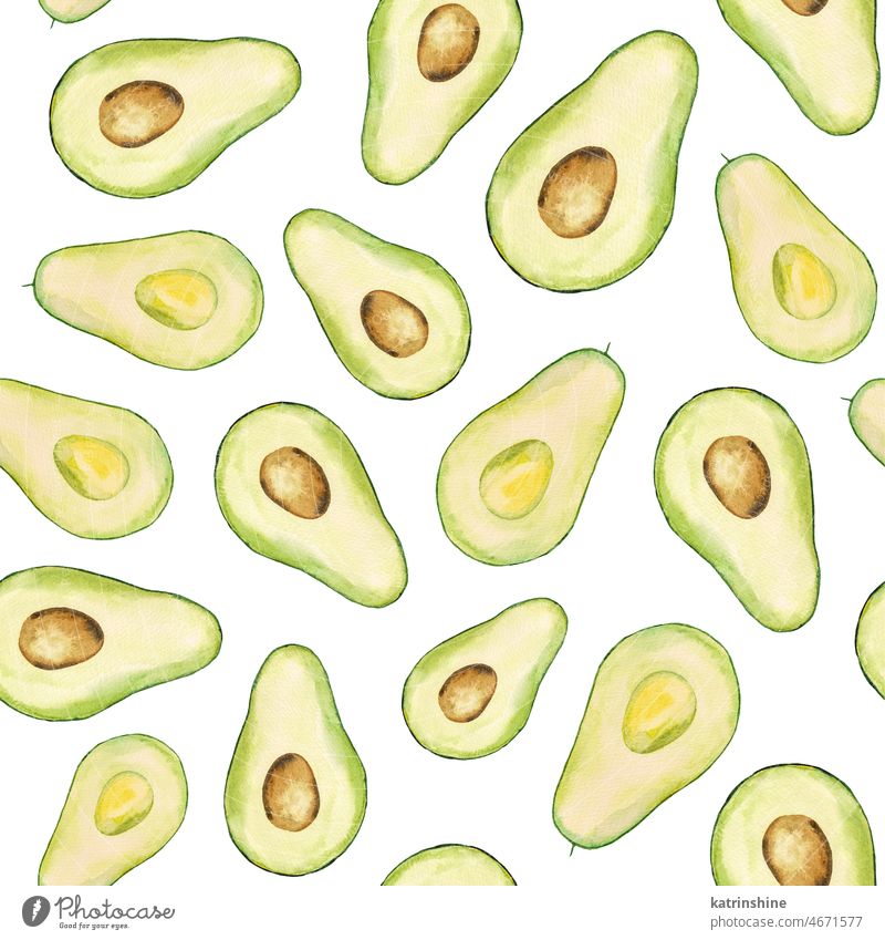 Watercolor green juicy avocado seamless pattern. Half of avocado, tropical fruit illustration Botanical Cut Decoration Element Exotic Hand drawn Healthy