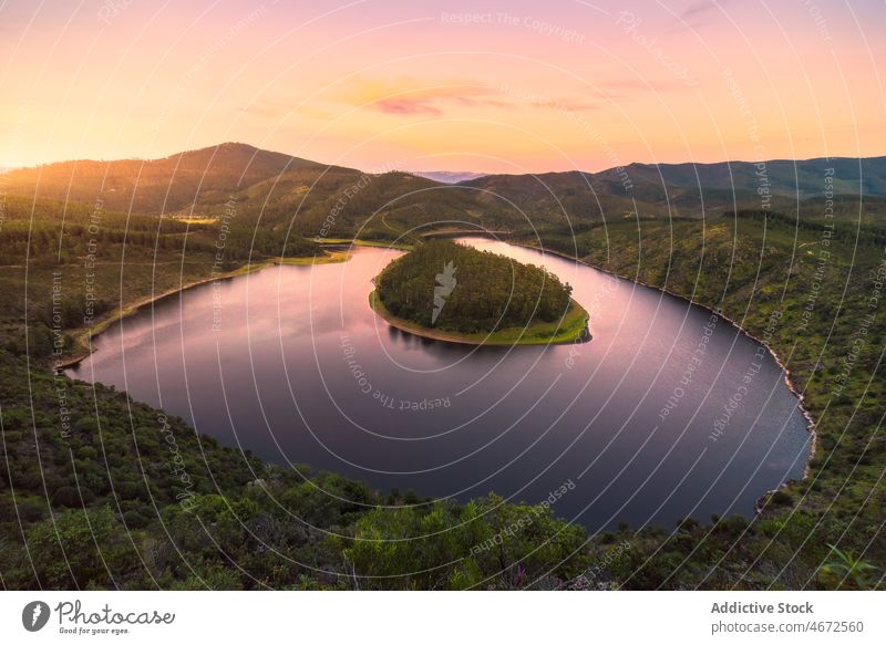 Hill with trees near lake in nature water evening waterfront hill coast scenic shore waterside landscape scenery environment sunset grassy aqua cloudless plant