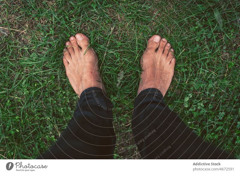 Barefoot person standing on green grass glade relax nature lawn environment freedom recreation summer natural meadow ground denim grassy jeans barefoot wild