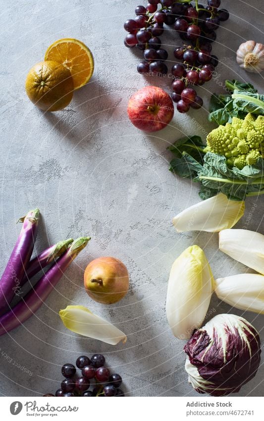 Top view fruit and vegetables composition food fresh organic healthy copy space background ingredient raw broccoli diet top green natural white concept