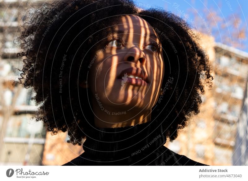 Charming black woman on street feminine appearance city style urban curly hair hairstyle brunette female charming african american lady sunlight dark hair calm