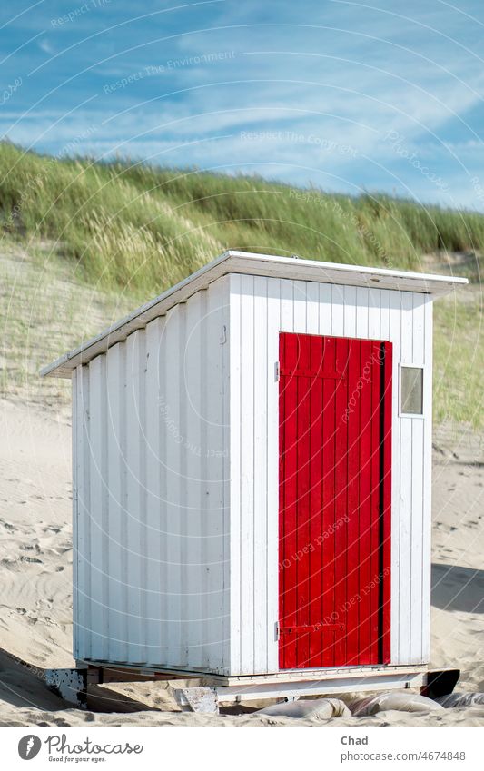 Beach cottage on a sea dune during bathing weather Vacation & Travel beach cottage Summer Sun Sand Relaxation North Sea Sky Beautiful weather Ocean coast