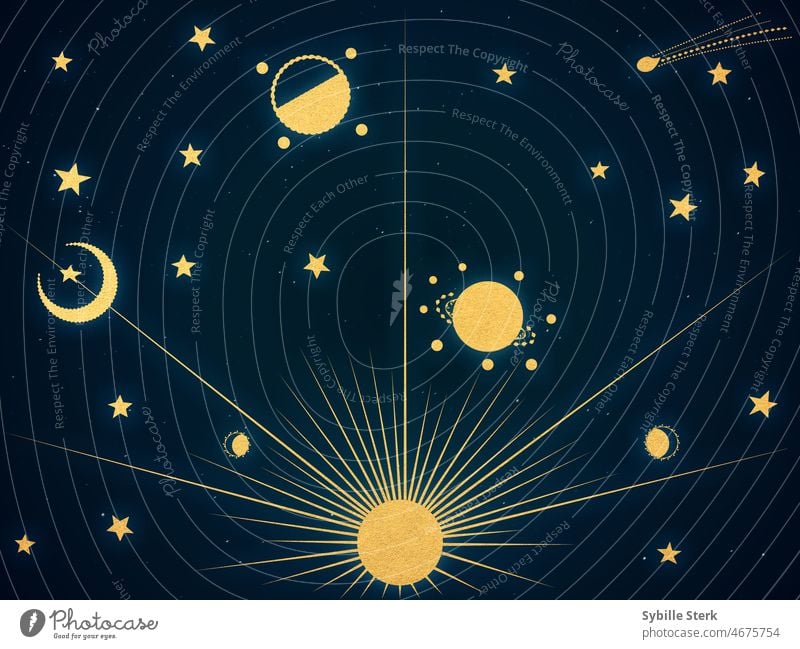 sun and stars and everything Sun gold astronomy astrology planets comet night sky universe space vintage