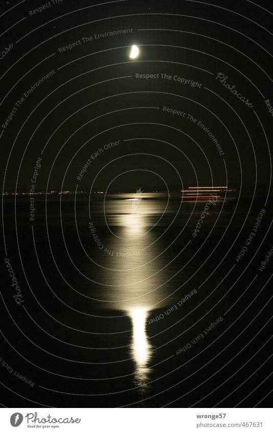 pass-by Moon Navigation Ferry Watercraft Red Black White Moonlight Reflection Baltic Sea Ocean Night sky Tripod Long exposure Motion blur drive past Dark