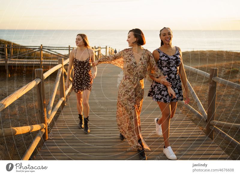 Cheerful diverse girlfriends walking on footbridge near sea women seaside beach shore leisure bonding trip waterfront spend time embankment boardwalk friendship